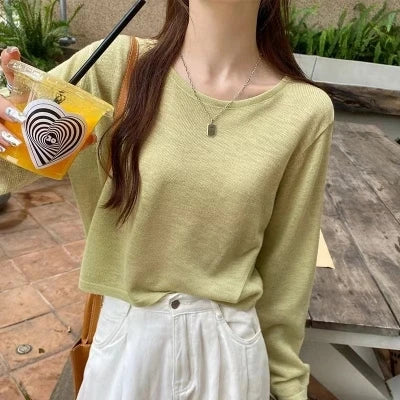 Hnewly  Breezy Long Sleeve Knit Top for Women Breathable O-neck Boxy Pullovers Blouse Summer Sunscreen Shirt Cover Up Casual Outfit