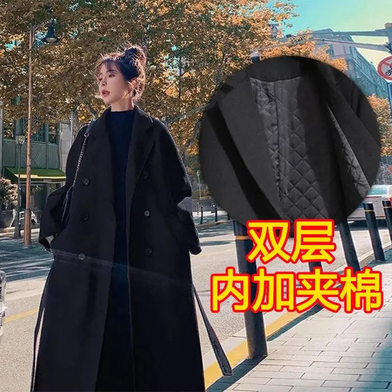 Hnewly New Large Size Hepburn Style Red Woolen Coat for Women Autumn and Winter Fat Mm Loose Long Thick Woolen Coat