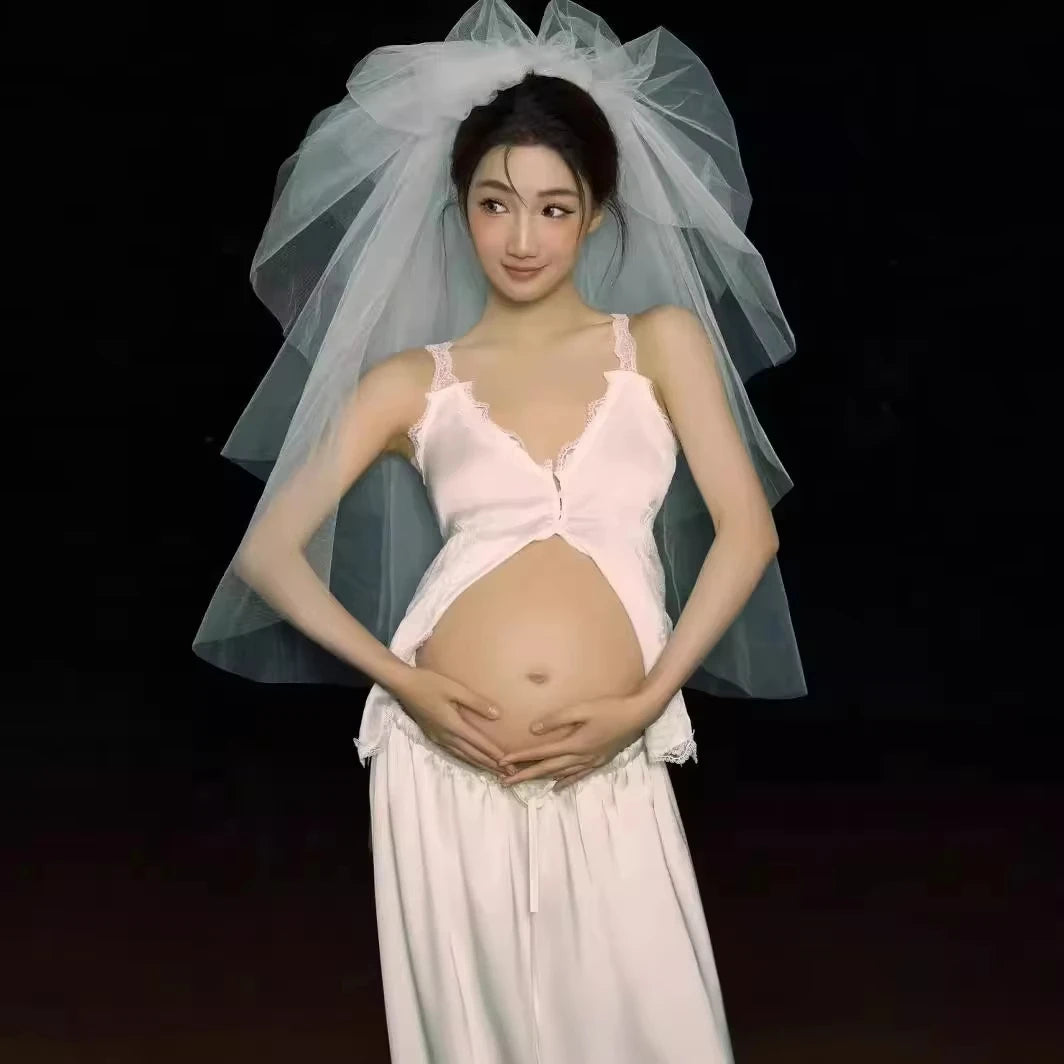 Hnewly  Women Photography Costume Elegant White 2pcs with Veil Maternity Dress Pregnancy Dresses Studio Photo Shoot Photo Clothes