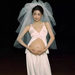 Hnewly  Women Photography Costume Elegant White 2pcs with Veil Maternity Dress Pregnancy Dresses Studio Photo Shoot Photo Clothes