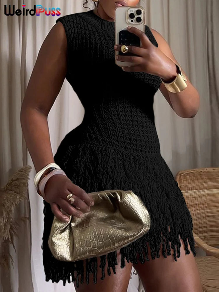 Hnewly Chic Y2K Dress Women Sexy Crochet AutumnTrend Tassel Hem Sleeveless Stretch Fashion Beach Vacation Clubwear Bodycon