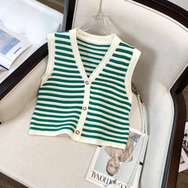 Hnewly  Spring V-Neck Striped Knitted Vest Korean Hollow Out Sleeveless Top Women's 2023 Autumn Loose All-Matched Outwear Cardigan Tank
