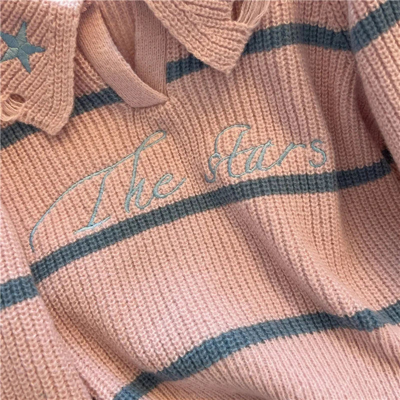 Hnewly  Short Sweater Women's Autumn Winter 2025 New Stripe Hollow Out Fashion Star Letter Knitwear Long Sleeve Top Thicked Pullover
