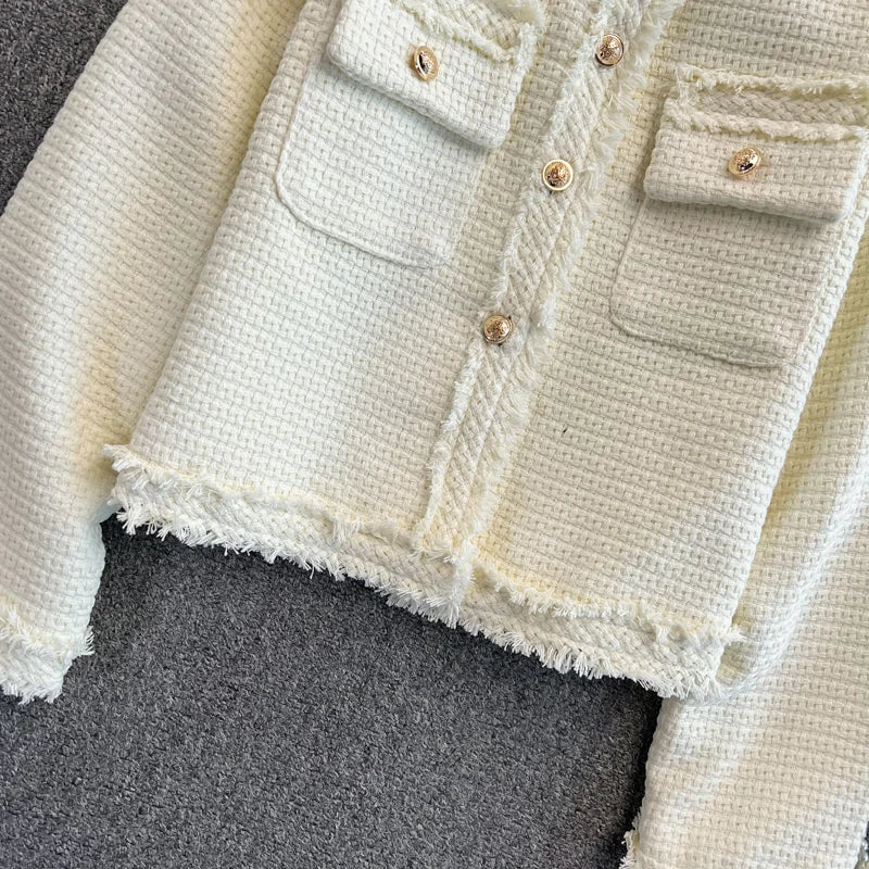 Hnewly  Woven Tweed Jacket Women Autumn Winter New Slim O-neck Single Breasted Coat Elegant Raw Edge Tassel Long Sleeve Blazer