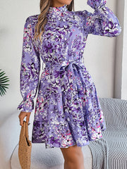Hnewly  Elegant Mock Neck Belted Ruffle Hem Floral Print Dress For Spring & Fall, Women's Clothing