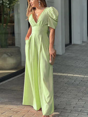 Hnewly  Women New Solid Lime Green Jumpsuit Chic Deep V Neck Puff Sleeve Wide Leg High Waist Outfit Fashion Party Wear Jumpsuits