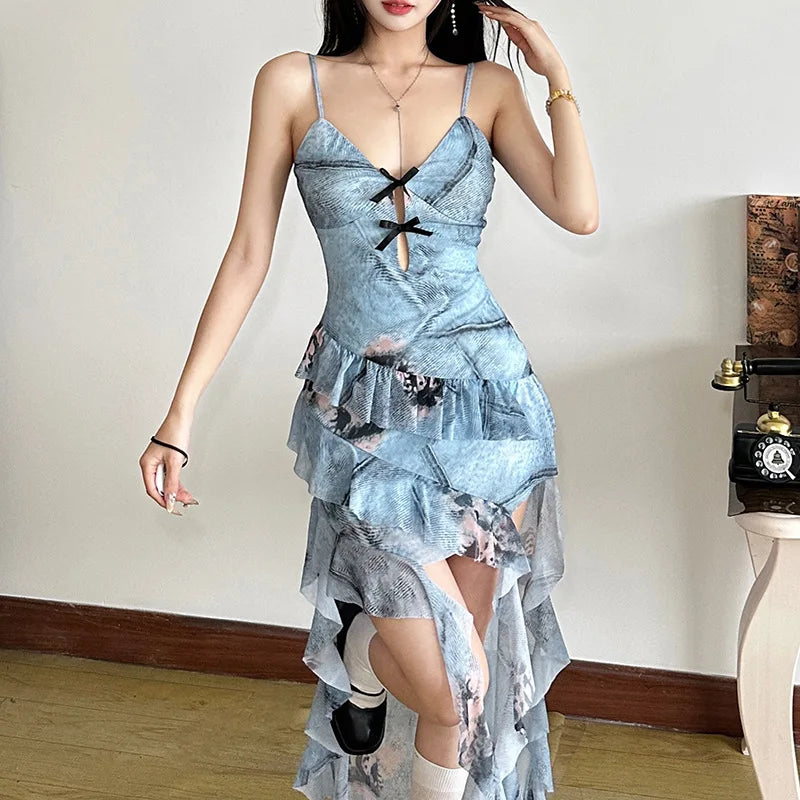 Hnewly  Spring Summer Sexy Sleeveless Slip Dress Fashion V-neck Slim Ruffles Irrgular Robe Y2k Aesthetic Bow Vestidos Mujer