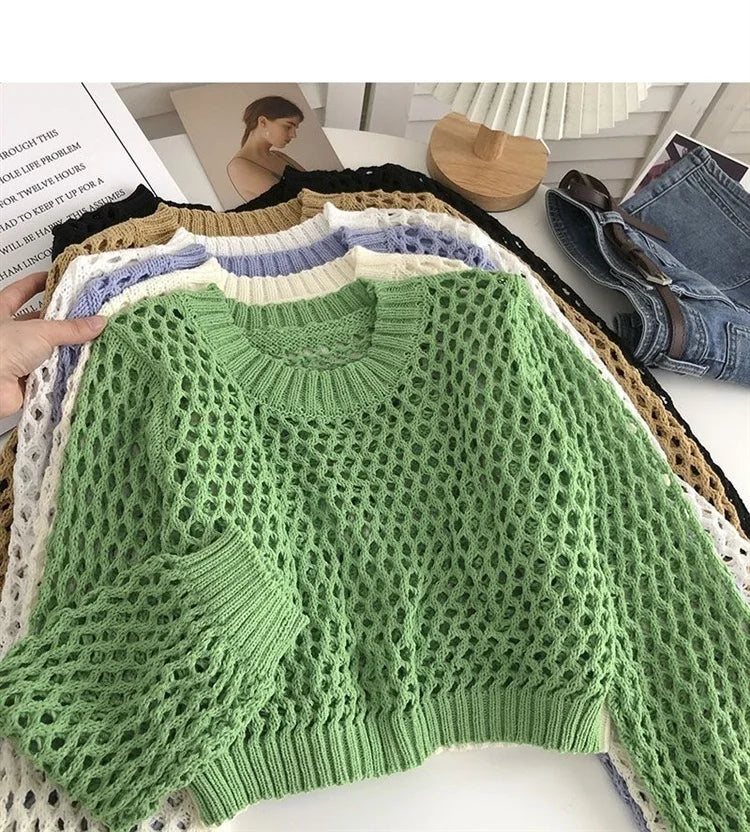 Hnewly Hollow Sun Protection Shirt Women's Summer Loose Pullover O-Neck Puff Long Sleeve Air Conditioning Knitwear Korean Retro Top