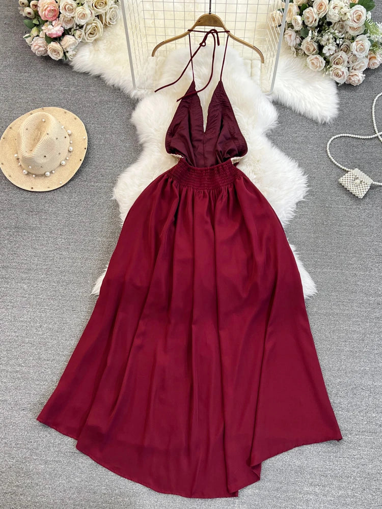 Hnewly  Temperament Hanging Neck Dress Elegant Hollow Out Backless Slit A-line Large Hem Dress Women's Beach Vacation Long Dress