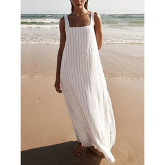Hnewly  Summer Striped White Dresses Loose Fit Sundress Square Neck Lazy Casual Beach Vacation Simple Long Dress