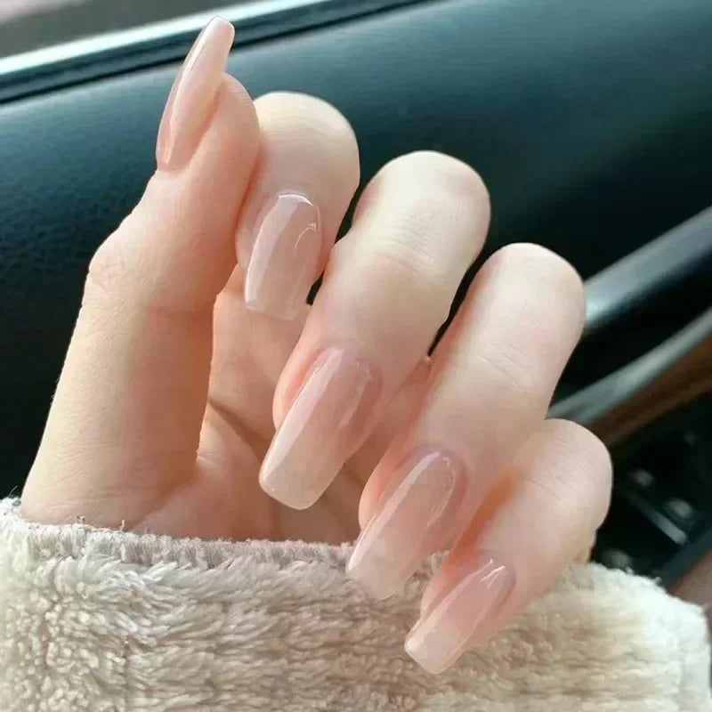 Hnewly 24pcs/Box Long Coffin False Nails Art Rose with Glue Wearable Nude Pink White Color Jelly Nails Tips Full Cover Press On Nails