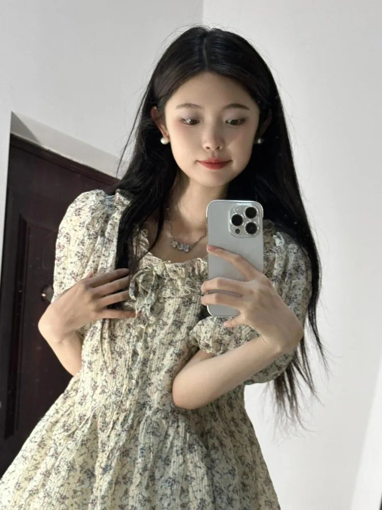 Hnewly  Mini Dresses Women Floral Printed Short Sleeve V Neck Puff Short Sleeve Bandage Ruffles Sweet Dress Female Elegant Casual