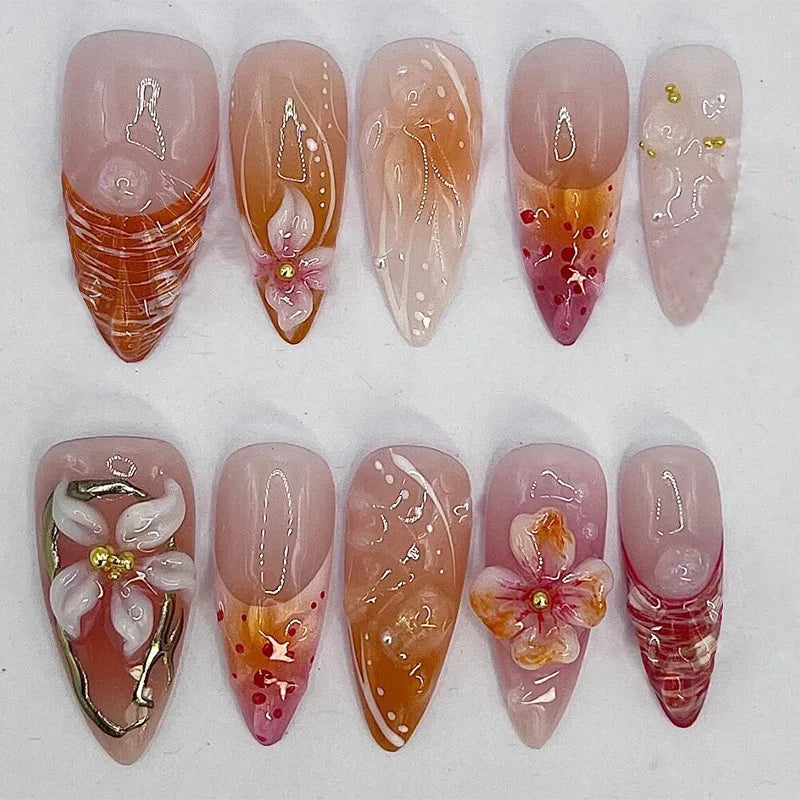 Hnewly 24Pcs 3D Flower Almond Nail Set Press on Nails with 3D Wave Drill False Nails French Tip Full Cover Artificial Nails Art Tips