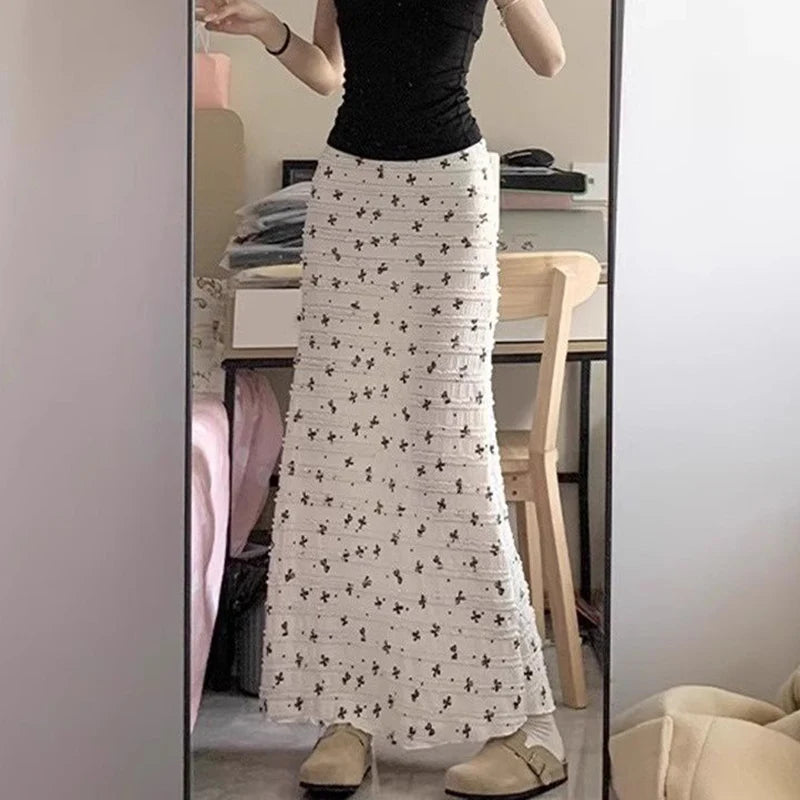 Hnewly  Bow Print Lace Patchwork Mermaid Skirt Women Elegant Summer Elastic Waist Midi Skirts Lady Vacation Beige Long Skirt Female