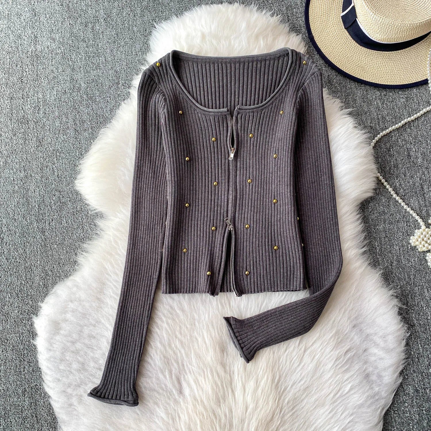 Hnewly  Beading Knitted Striped Zippered Sweater Cardigan Women's Spring Autumn O-Neck Top New Loose Harajuku Long Sleeved Outwear