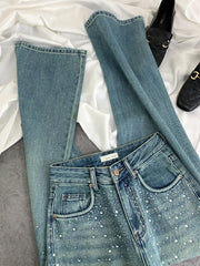 Hnewly  Korean Style Rhinestone Jeans For Women Spring New High Waist Loose Washed Wide Leg Pants Chic Niche Design Straight Denim Pants