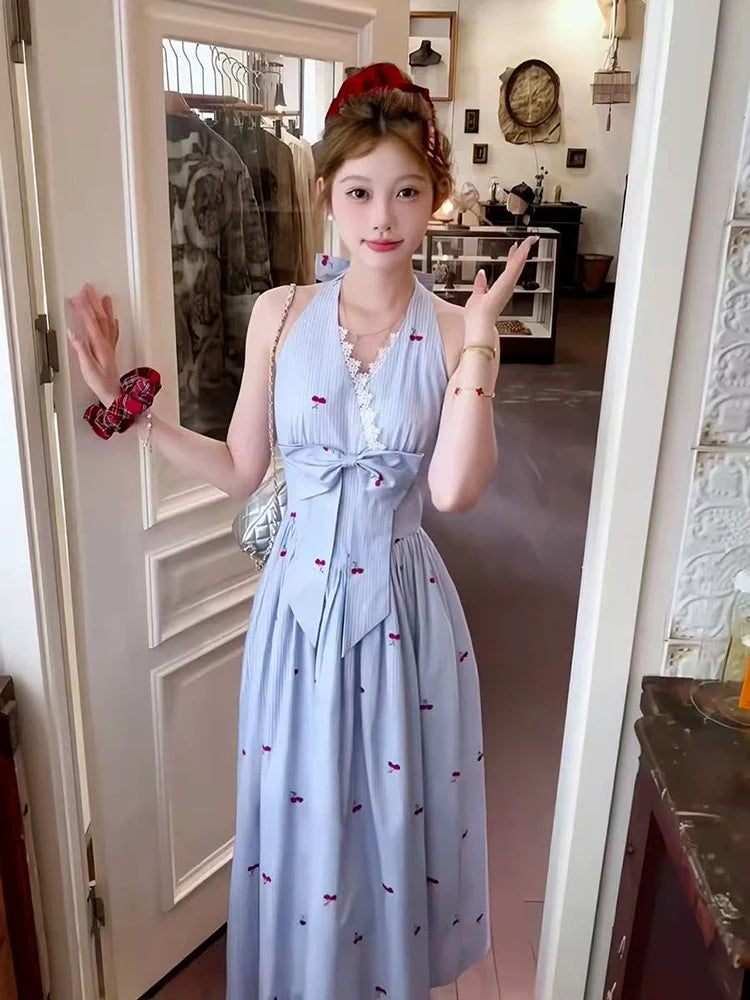 Hnewly Stripe Print Halter Neck Dress Women Summer Sexy Backless Bow Female Midi Dress Y2K Sweet Lace Patchwork Midi Vestidos Mujer