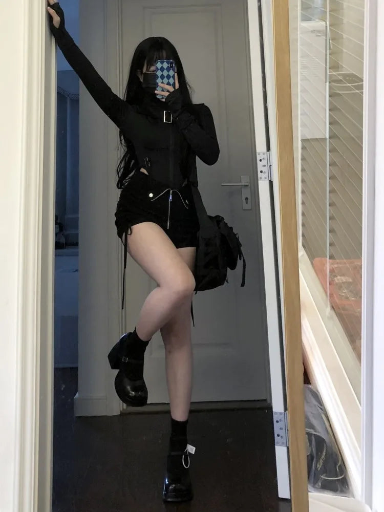 Hnewly Summer New Slim Fit Zipper Long Sleeve Black Tops Women+ Drawstring Ruched High Waist Shorts Y2k E-Girl Two Piece Sets