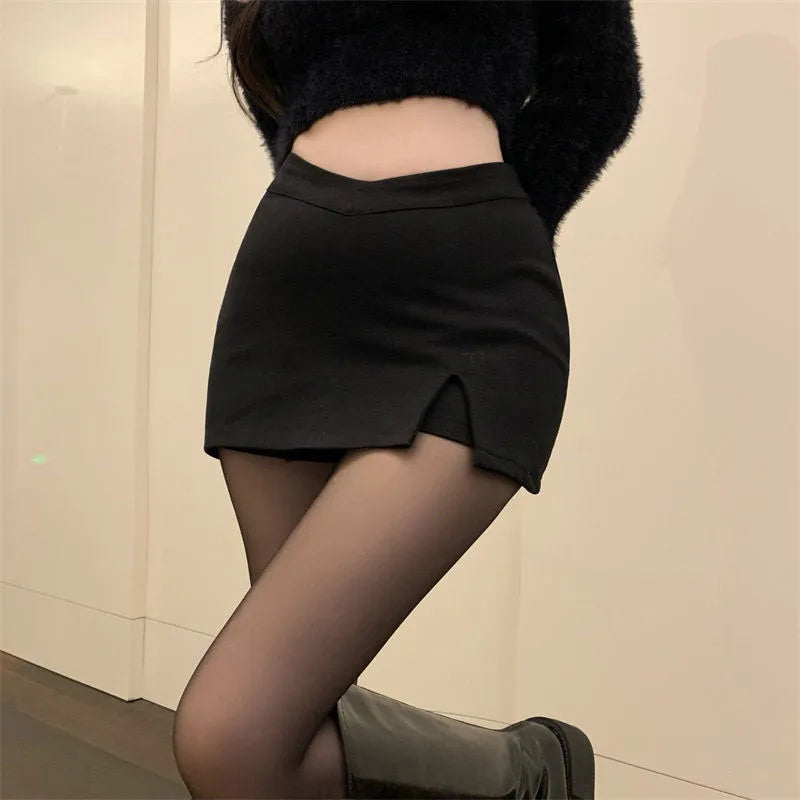 Hnewly Black Split Mini Skirts Women Summer Sexy Club High Waist Slit Skirt Streetwear Korean Party Fashion Irregular Slim A Line Skirt