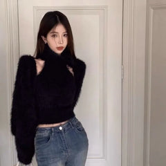 Hnewly  Simple Long Sleeve Knitted Cardigan Coat Women Turtleneck Slim Fit Vest Autumn Winter New Waterproof Mink Two Piece Sets