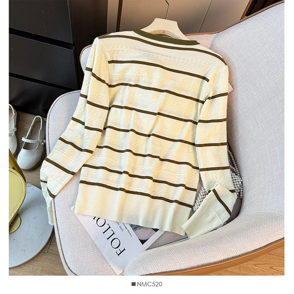 Hnewly  Striped O-neck Long Sleeve Knitted Sweater Women's 2025 Autumn Korean Retro Color Block Loose Fit Versatile Single Breasted Tops