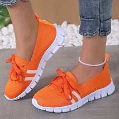 Hnewly Mesh Knitted Striped Flats Shoes for Women Summer Lace Up Casual Sneakers Woman Breathable Soft Sole Loafers Plus Size 43
