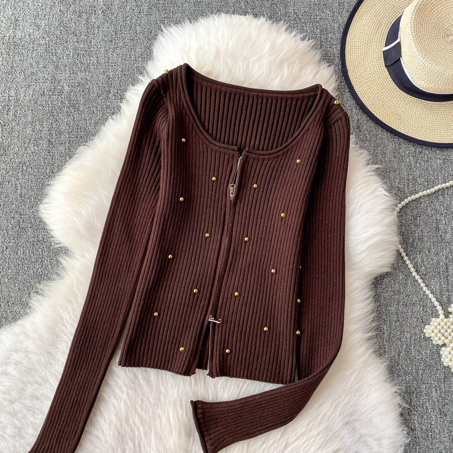 Hnewly  Beading Knitted Striped Zippered Sweater Cardigan Women's Spring Autumn O-Neck Top New Loose Harajuku Long Sleeved Outwear