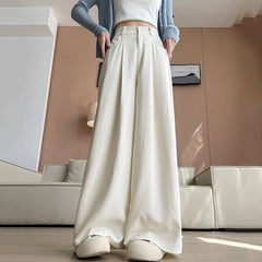 Hnewly  Summer Ice Silk Wide Leg Pants Women Korean Style High Waist Suit Trousers Woman Wild Pocket Loose Straight Pants Female