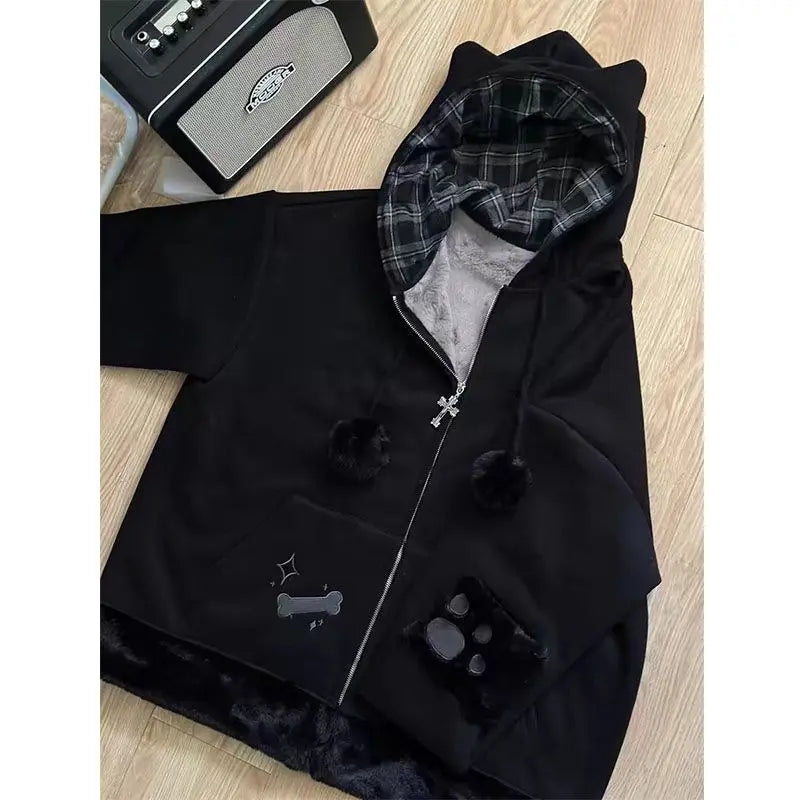 Hnewly  Y2k Fashion Black Cat Plaid Patchwork Jackets Autumn New Thicked Warm Tops Mujer Y2k Loose Long Sleeve Zipper Tops Mujer