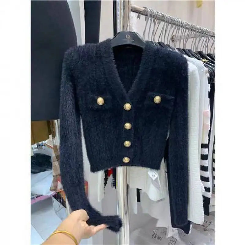 Hnewly  Fuzzy Knit Crop Cardigan with Gold Button Long Sleeve V-neck Fitted Sweater Jacket Teen-girl Autumn Winter Y2K Outfit
