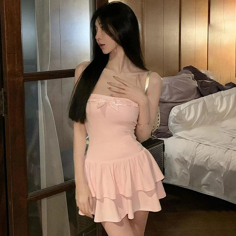 Hnewly Pink A-Line Dress Women Sweet Summer New Fashion Bow Sleeveless Sexy Strapless Dresses Bodycon Streetwear Club Lady Party Dress