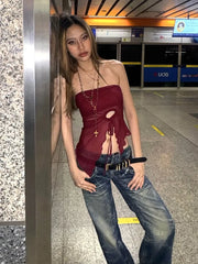Hnewly  Hollow Wrap Women Tube Tops sexy Lace-Up Wave Edge Splits Backless Hottie Sexy Midnight Beach Vacation Versatile Vest