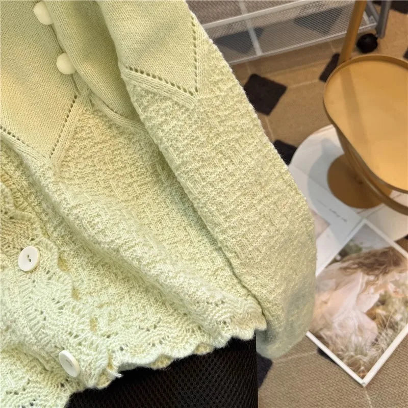 Hnewly  Korean Sweater Cardigan Women's Spring Autumn 2025 Versatile Soft Knitted Jacket Elegant Lace Single Breasted Long Sleeved Top