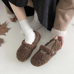 Lunivop  White French Mary Jane flat-bottomed fluffy shoes for women's new autumn and winter warm-soled beanie cotton shoes
