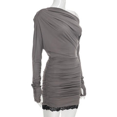 Hnewly  Streetwear Sexy Lace Patchwork Dresses Y2k Aesthetic Skew Collar Bodycon Pleated Vestidos Harajuku Vintage Grunge Woman Dress