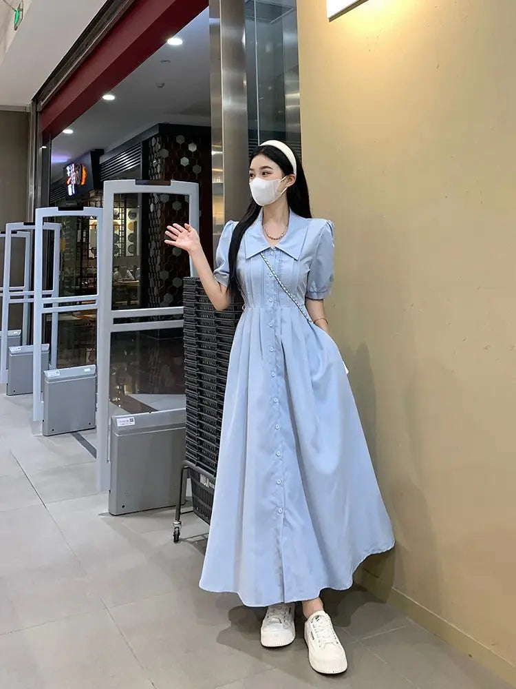 Hnewly  Women Dress Preppy Style Peter Pan Collar Short Sleeve Sweet Single Breasted Elegant Fashion Female Dresses Casual
