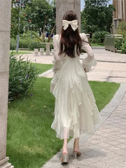Hnewly  New Vintage Fairy Chiffon Long Dress Women White Elegant French Party Midi Dress Puff Sleeve Casual Women's Clothing
