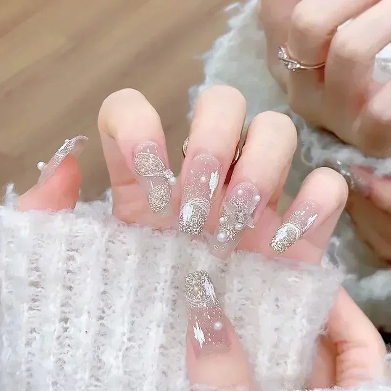 Hnewly 24Pcs False Nails French Gradient Ballet Fake Nails Press on Nails Black Heart Rhinestone Design Glitter Full Cover Nail Tips