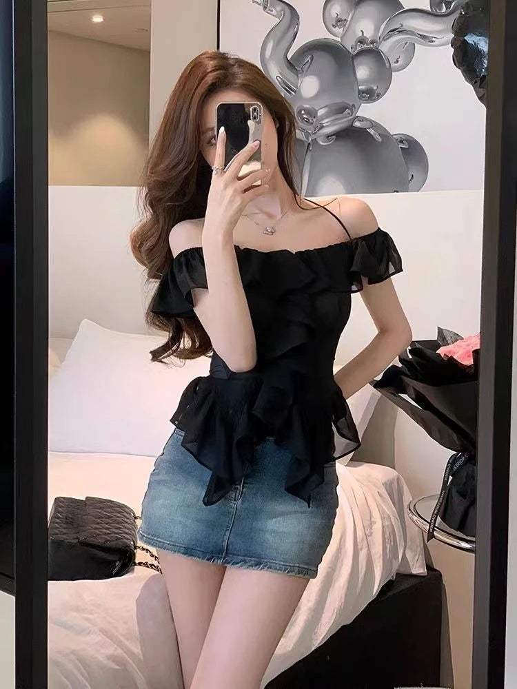 Hnewly Elegant 2 Piece Skirt Sets Summer French Harajuku Y2k Crop Tops Blouse Chiffon Shirt Straight Neck Sexy Slim Denim Skirts