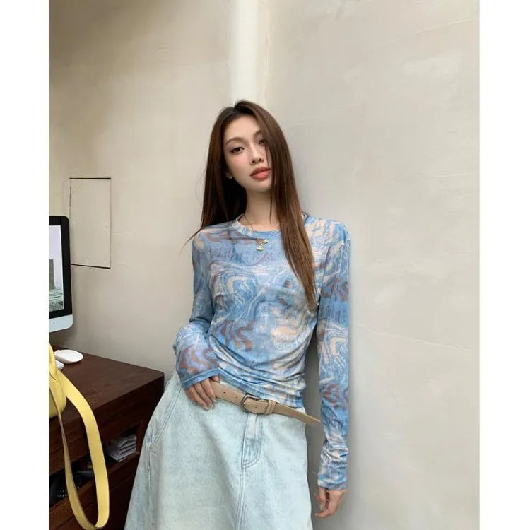 Hnewly  Vintage Tie Dye Printed O-neck Slim Fit Tee Shirt Y2k Thin Mesh Long Sleeved T-shirts Summer New Chic Top for Women