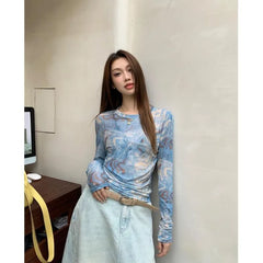 Hnewly  Vintage Tie Dye Printed O-neck Slim Fit Tee Shirt Y2k Thin Mesh Long Sleeved T-shirts Summer New Chic Top for Women