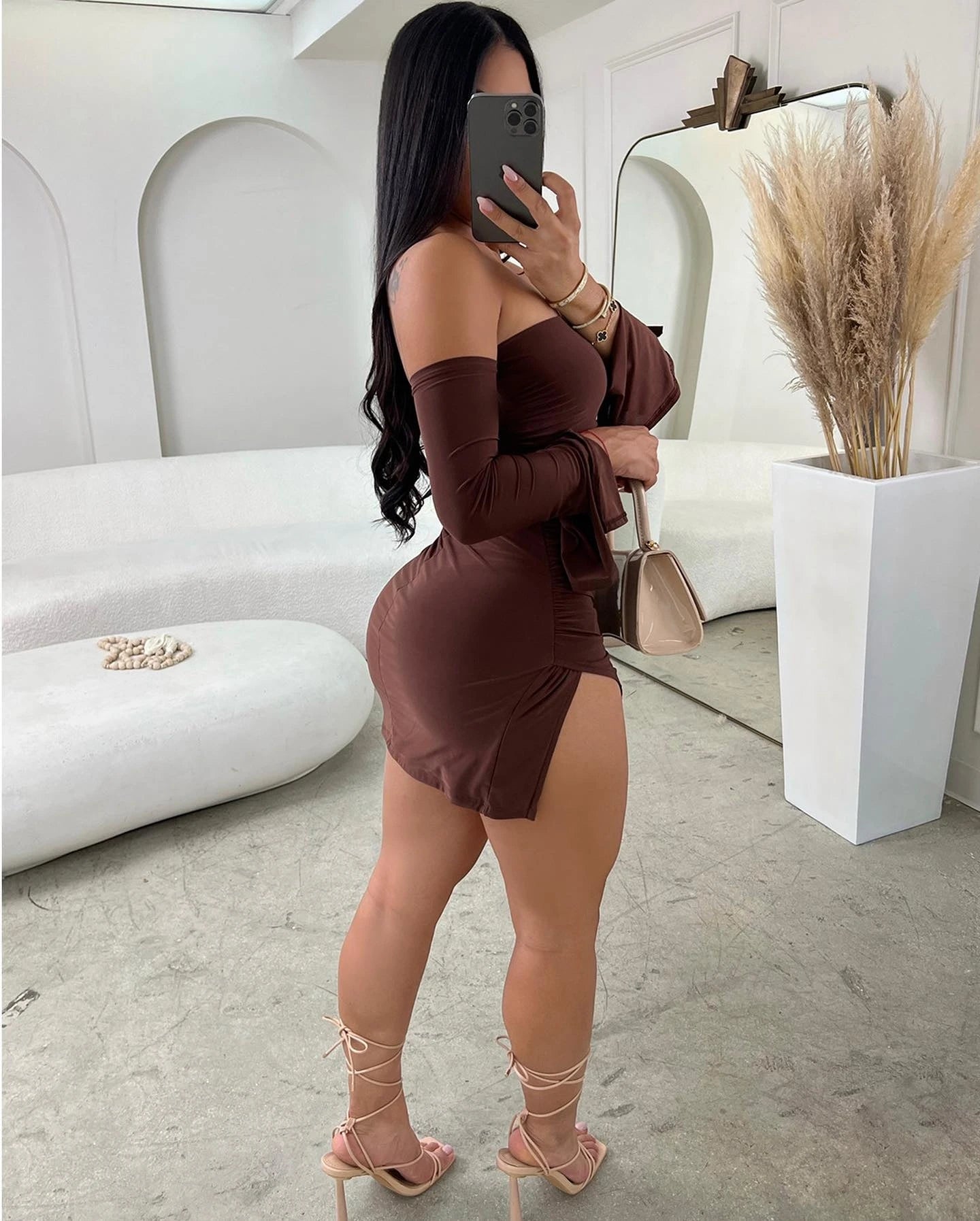 Hnewly Women Strapless Backless  Mini Dress For Women Black Off-shoulder Long Sleeve Bodycon Club Party Dress Clothes