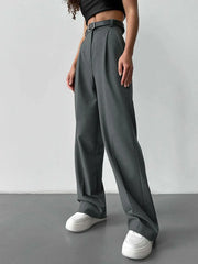 Hnewly Office Ladies Trousers Women High Waist Full Length Pants Female Pleated Wide Leg  Solid OL Pants for Women