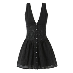 Lunivop  Summer Sexy Hollow Out Hole Deep V neck Tank Dress Women Open Buttons Slim Waist Folds Hem A-lined Sleeveless Dresses Vestidos