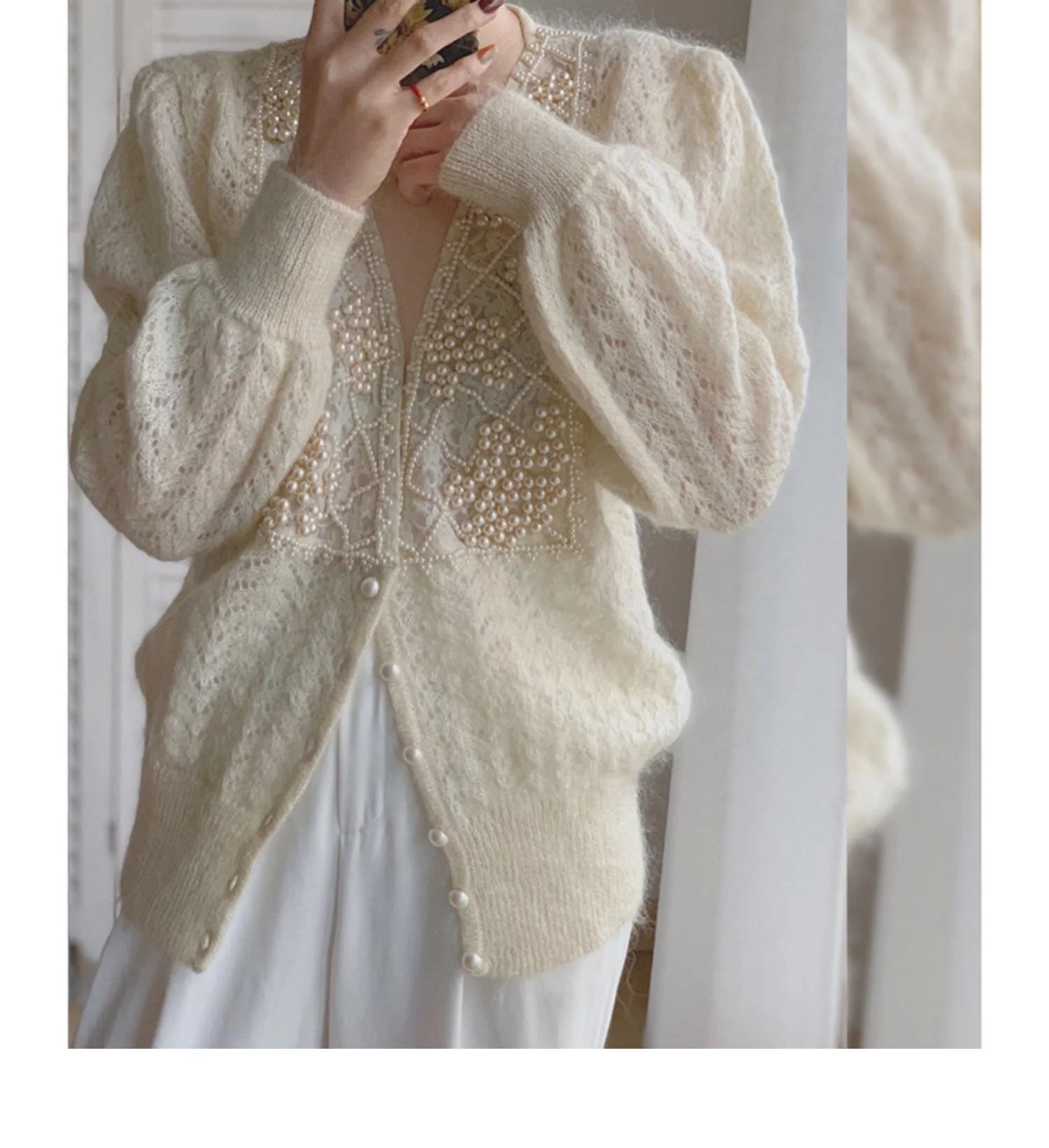 Hnewly  Women Luxury Pearls Beaded Mohair Sweater V-neck Hollow Out Thin Loose Knitted Cardigan Korean Elegant Long Sleeved Spring Top