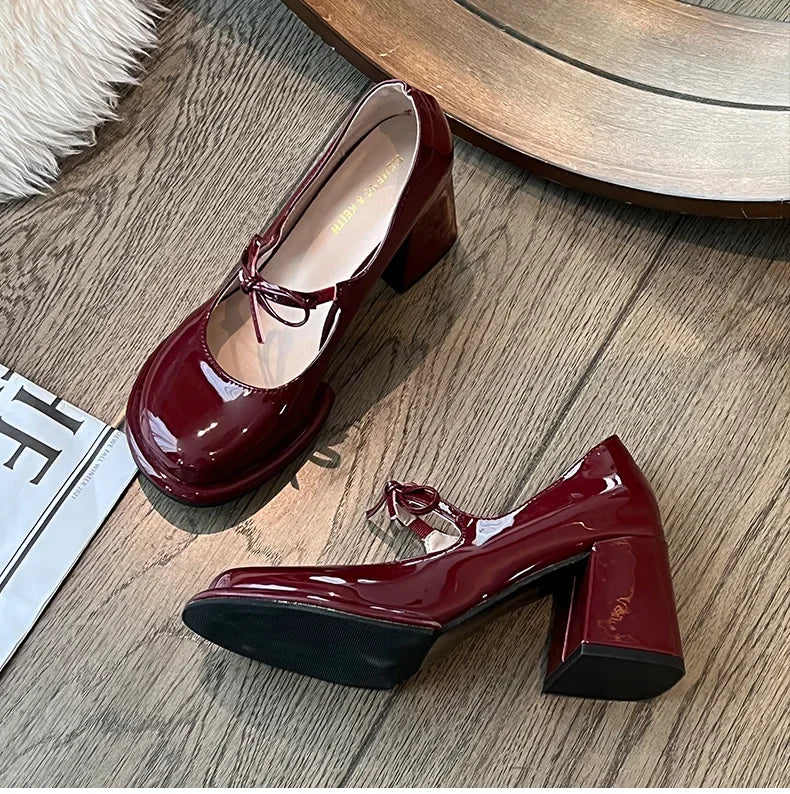 Hnewly New Fashion Bowknot Shallow Soft Sole Dress Shoes for Women High Heeled Mary Jane Single Shoes Ladies Thick Heel Ballet Shoes