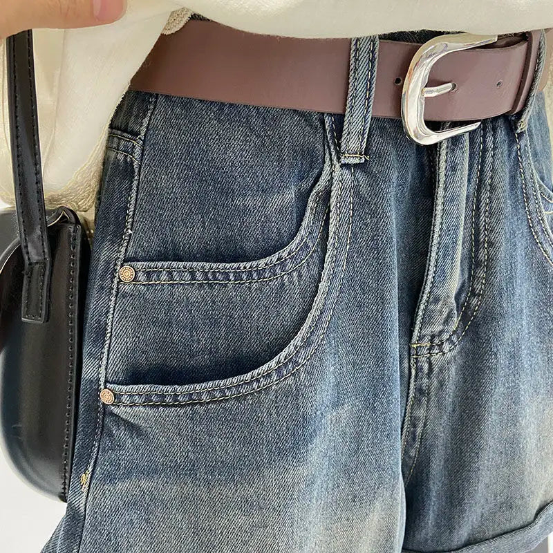 Hnewly  New Retro Rolled Denim Shorts 2025 Women's High Waisted Loose Straight Leg A-line Wide Leg Pants Chic Pocket Hot Jean Pants