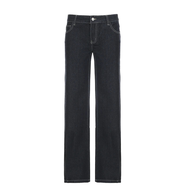 Hnewly Dark Blue Basic Jeans Streetwear Letter Embroidery  Low Rise Straight Denim Pants Women Korean Style Baggy Casual Trouser