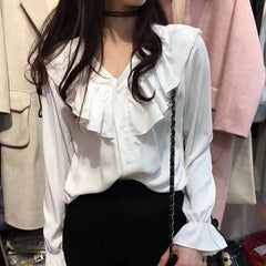 Hnewly Shirts Women Solid Ulzzang Loose Temperament Ruffles Long-Sleeve Top Fashion Streetwear New Office Lady Korean Style All-match