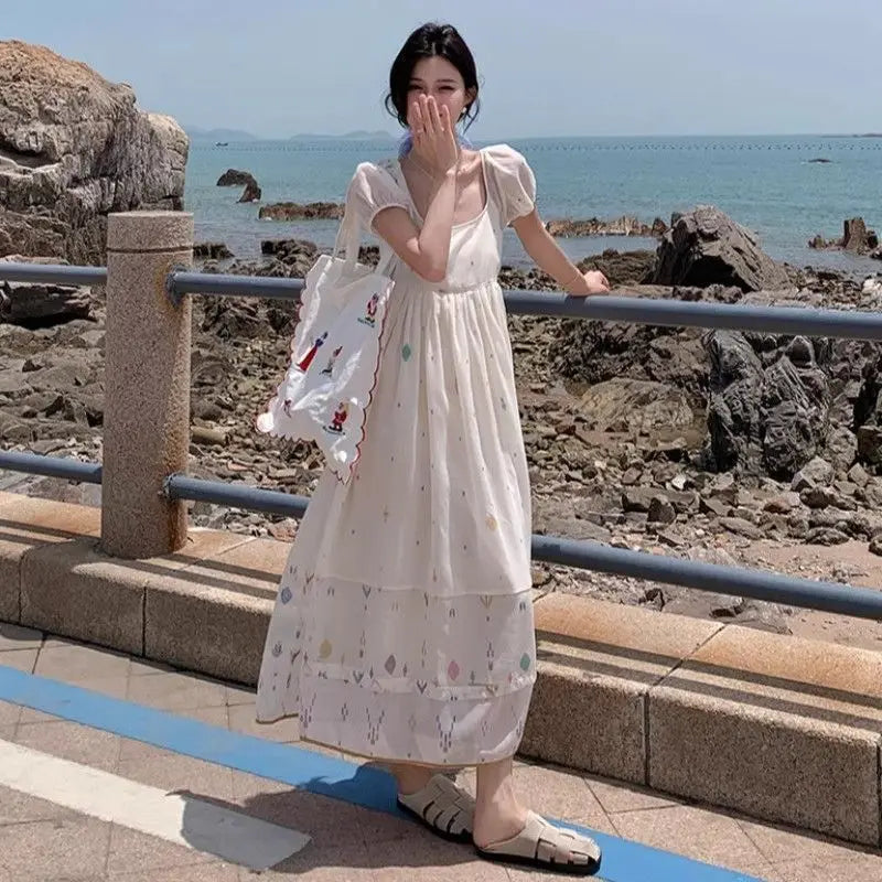 Hnewly  Women Dresses Elegant Square Collar Short Sleeve Summer Fashion Holiday Sweet Casual Female Dress French Style Chic